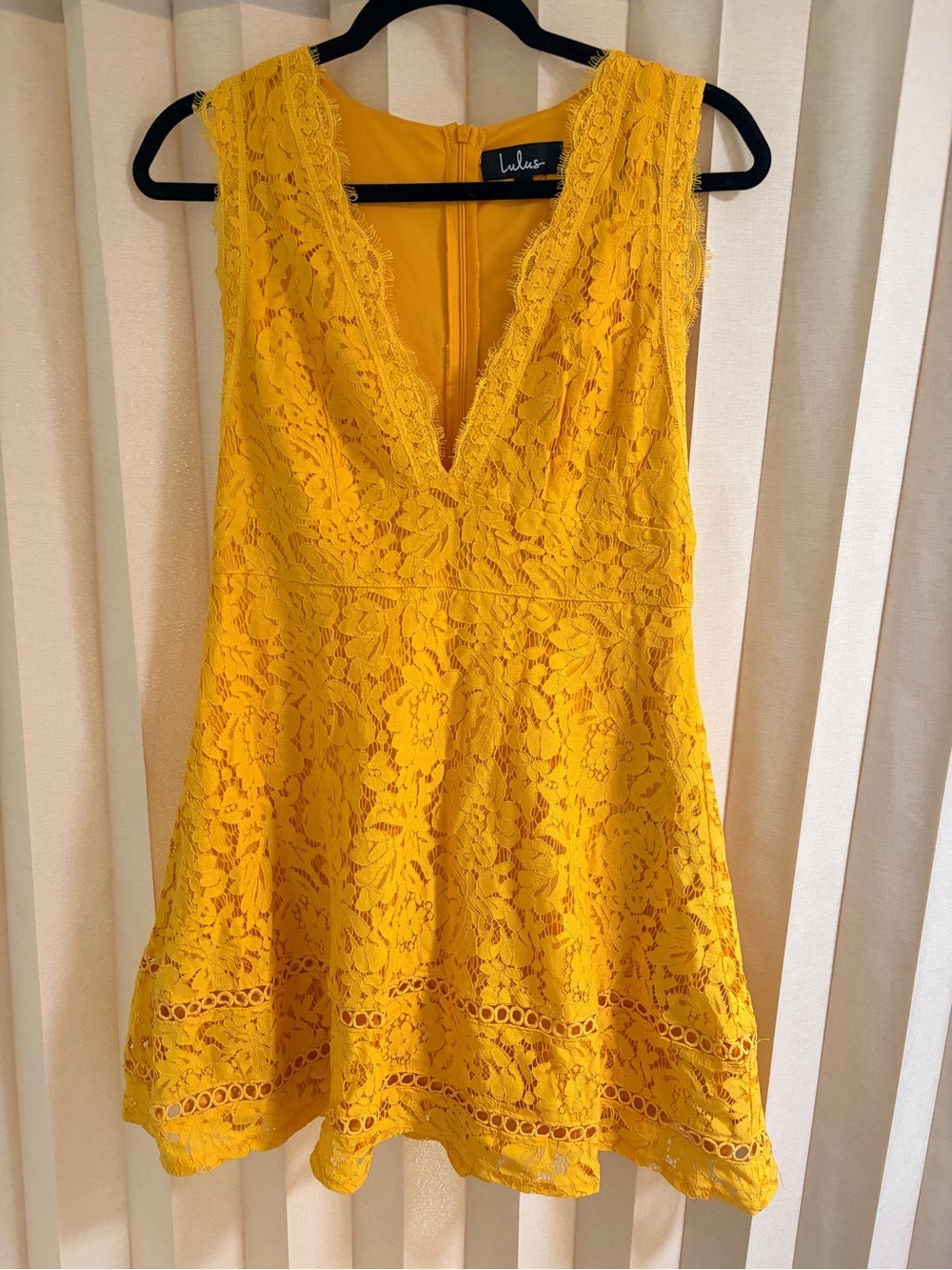 Lulu's Bright Yellow Lace V-Neck Mini Dress